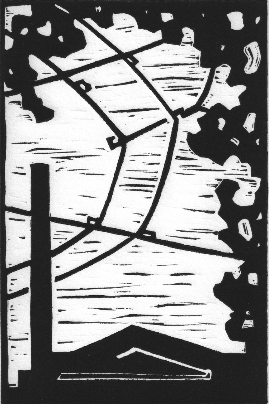 Black and white linocut print depicting the rooftop, bus cables, and tree branches above the storefront Patagonia in Seattle