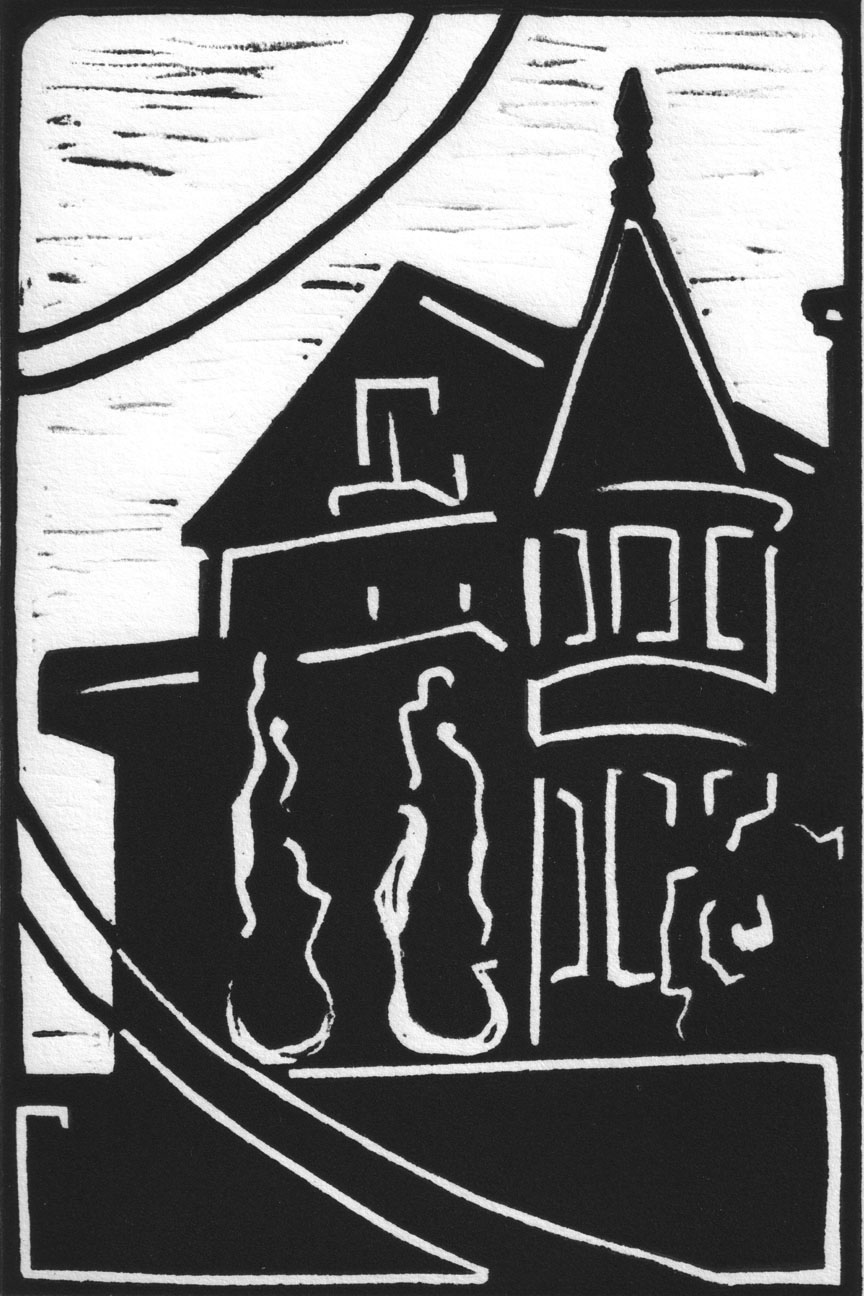 Black and white linocut print depicting a queen anne style house on queen anne hill in Seattle