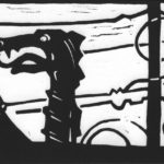 Black and white linocut print depicting a scandonavian dragon boat in the Ballard neighborhood of Seattle