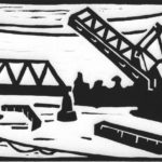 Black and white linocut print depicting the draw bridge on the locks in the Ballard neighborhood of Seattle