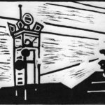 Black and white linocut print depicting the radio tower on Queen Anne hill in Seattle