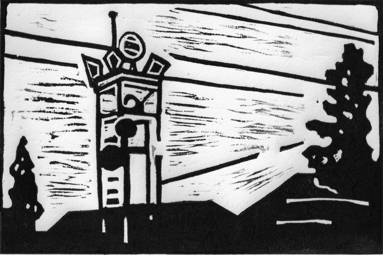 Black and white linocut print depicting the radio tower on Queen Anne hill in Seattle