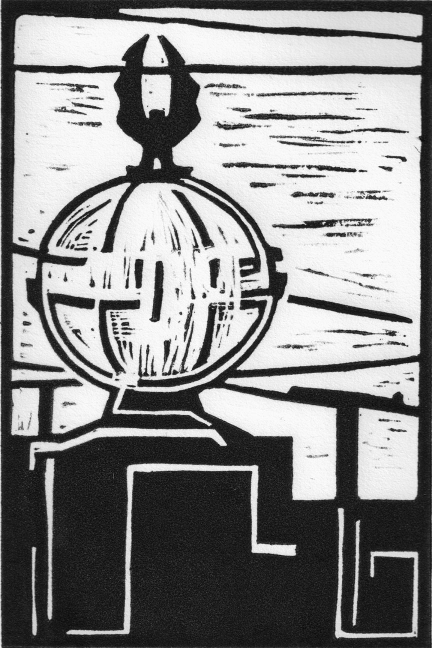 Black and white linocut print depicting the Seattle's Post-Intelligencer globe