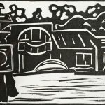 Black and white Linocut depicting a view of houseboats on Lake Union in Seattle, WA