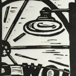 Black and white Linocut print depicting an abstract view of the Fun Forest light and sign in Seattle, WA