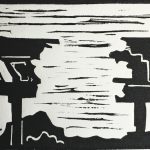 Black and white Linocut depicting the demolition of a section of Seattle’s viaduct
