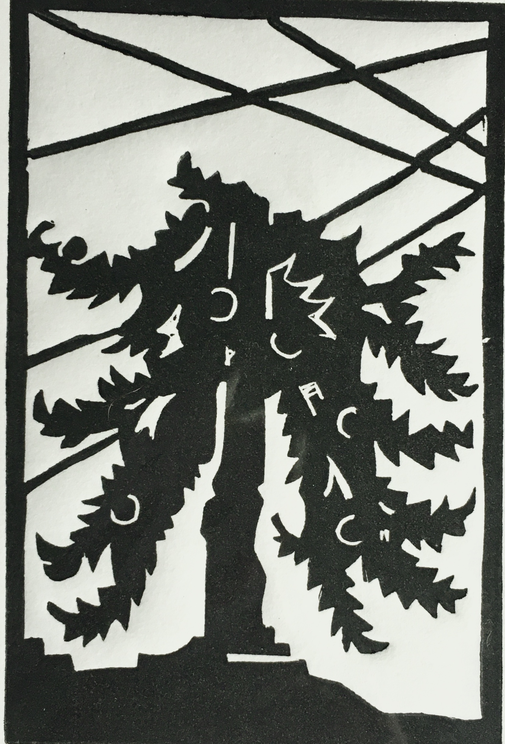Black and white Linocut depicting a monkey puzzle tree in Seattle, WA