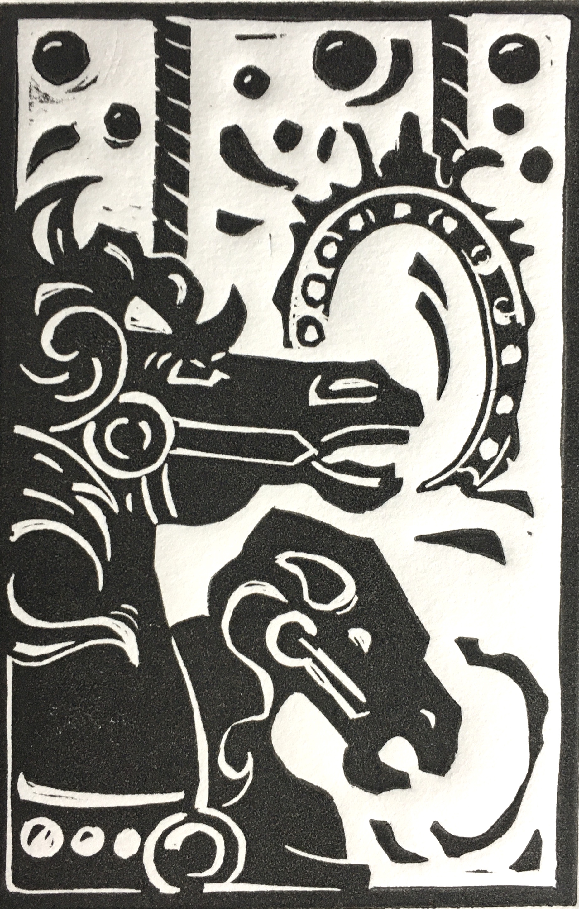 Black and white Linocut print depicting a carousel at Seattle Center