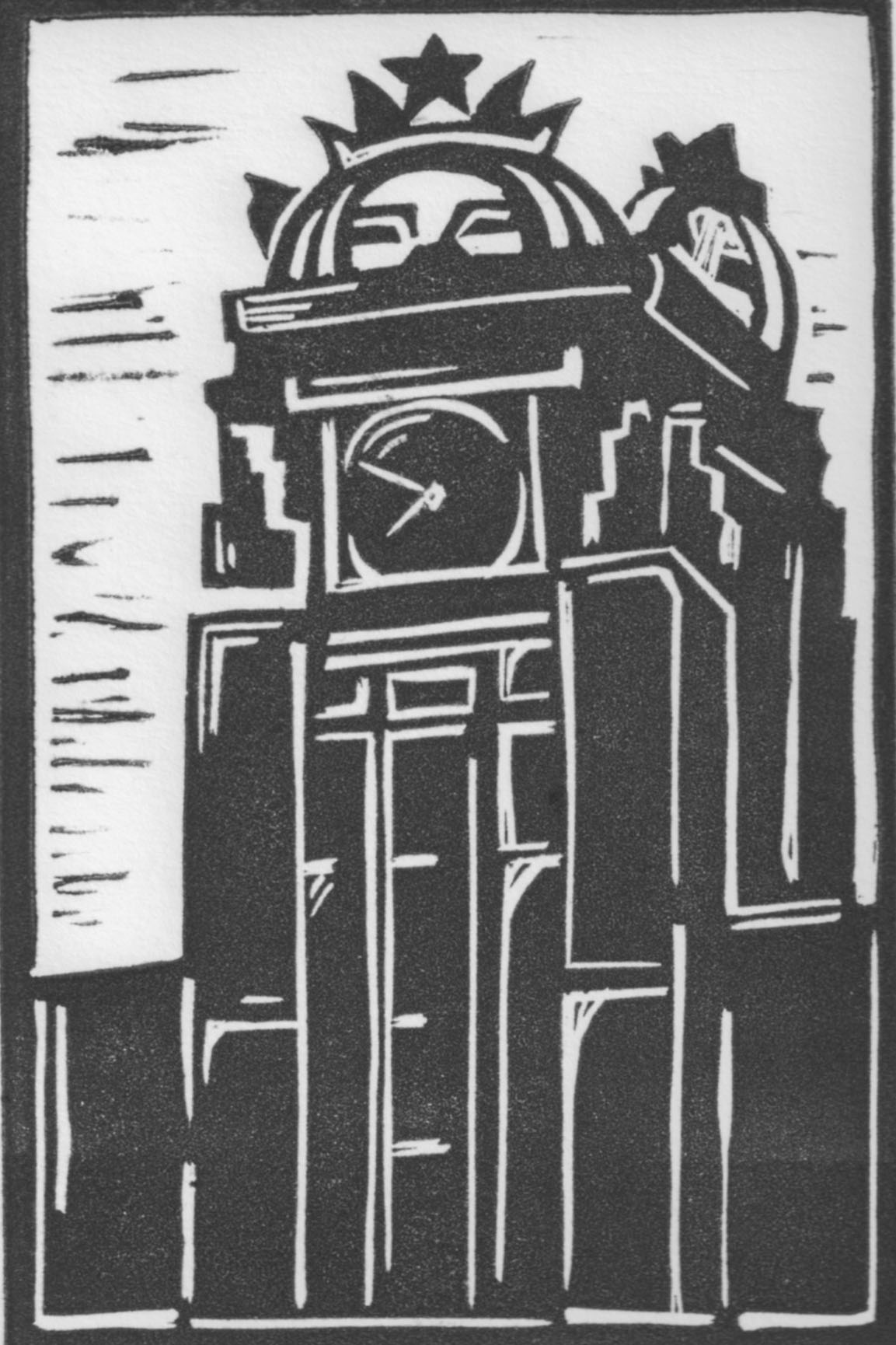 Black and white linocut print depicting the Starbuck's Headquarters clock tower in Seattle
