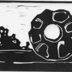 Black and white linocut print depicting the sculpture titled Black Sun by artist Isamo Noguchi located in Seattle