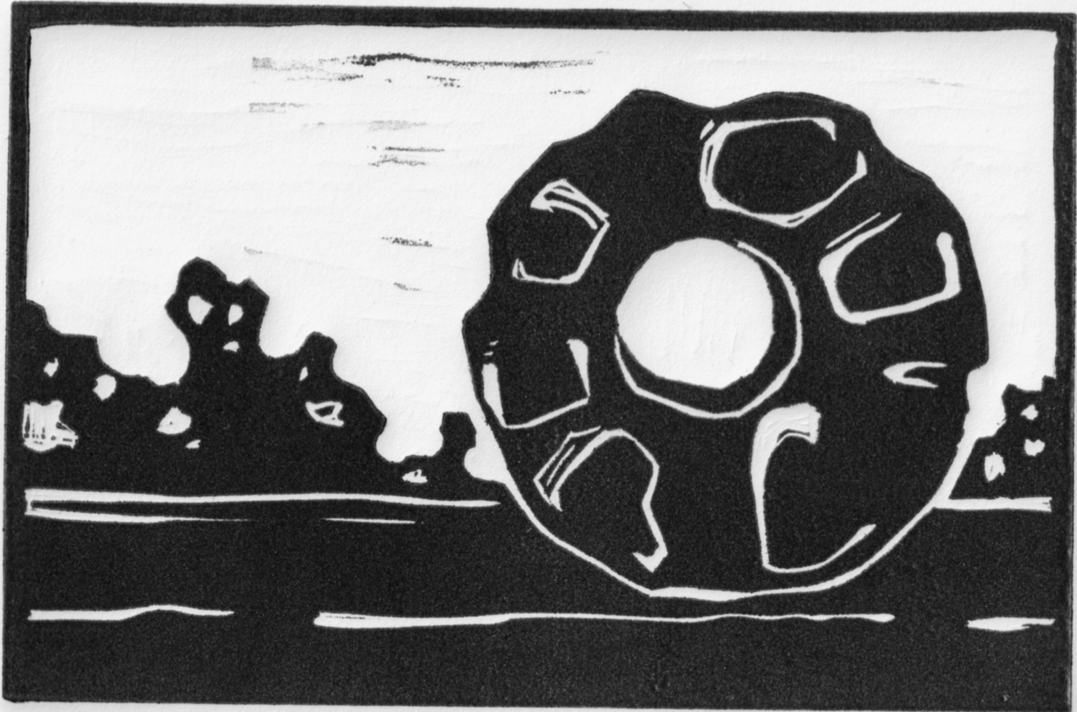 Black and white linocut print depicting the sculpture titled Black Sun by artist Isamo Noguchi located in Seattle